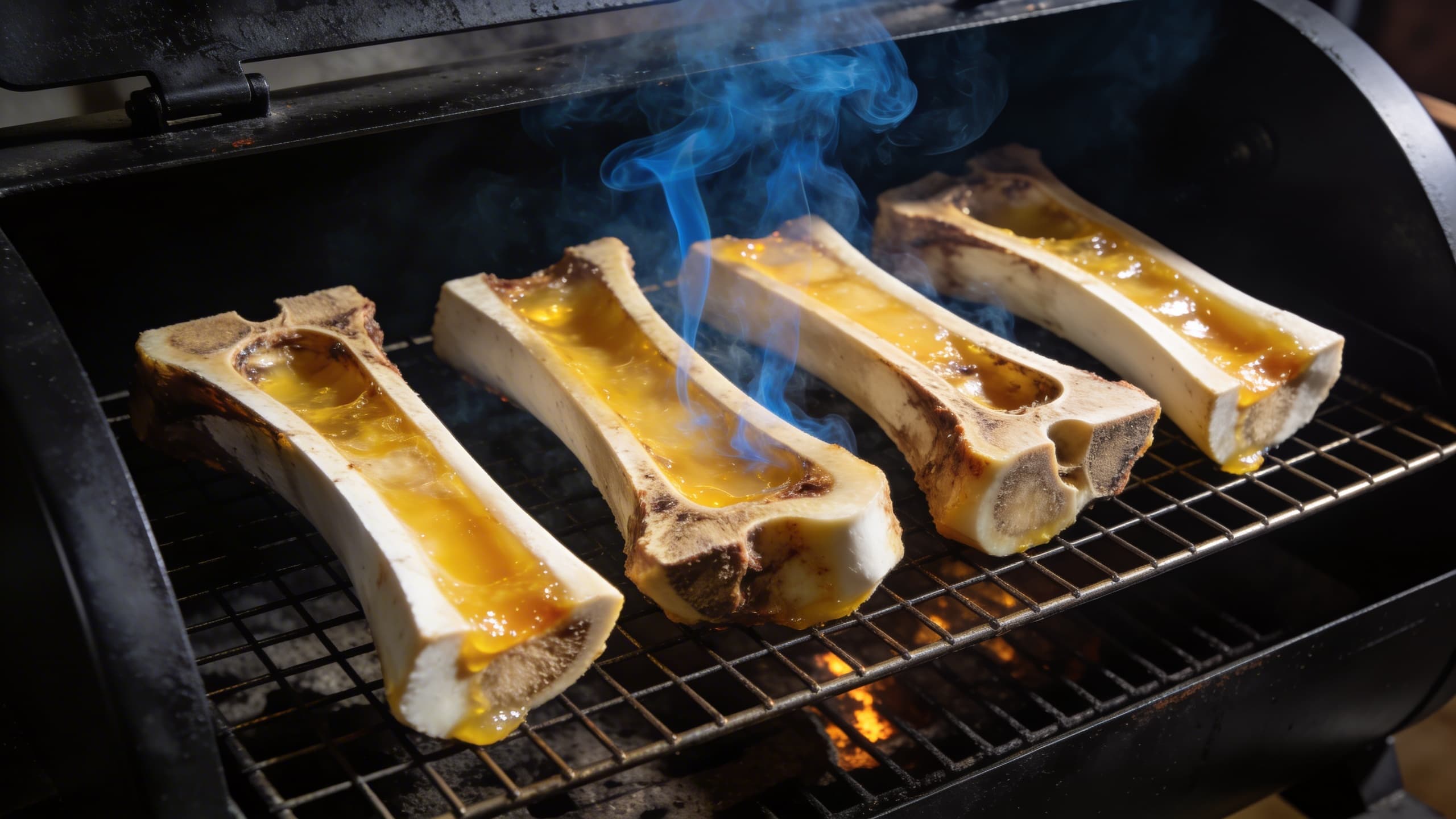 Canoe-cut marrow bones on a smoker grate, the marrow turning a light golden hue as thin blue smoke wafts over them.