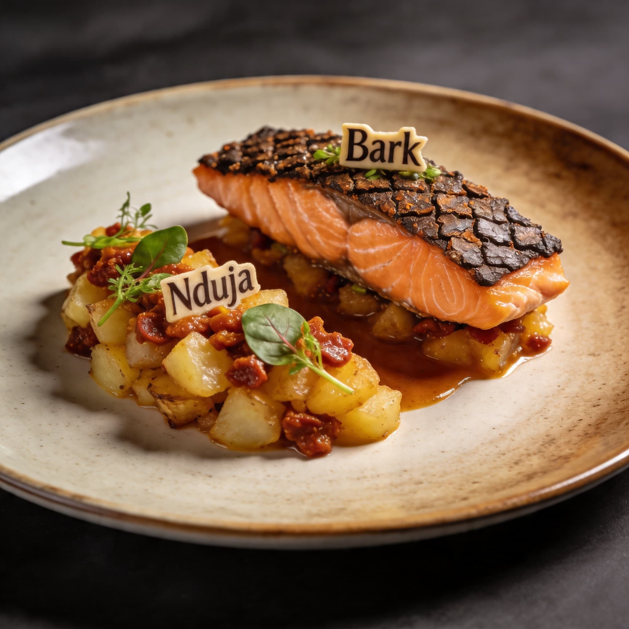 'Bark' Crusted Salmon with Warm 'Nduja Potato Hash