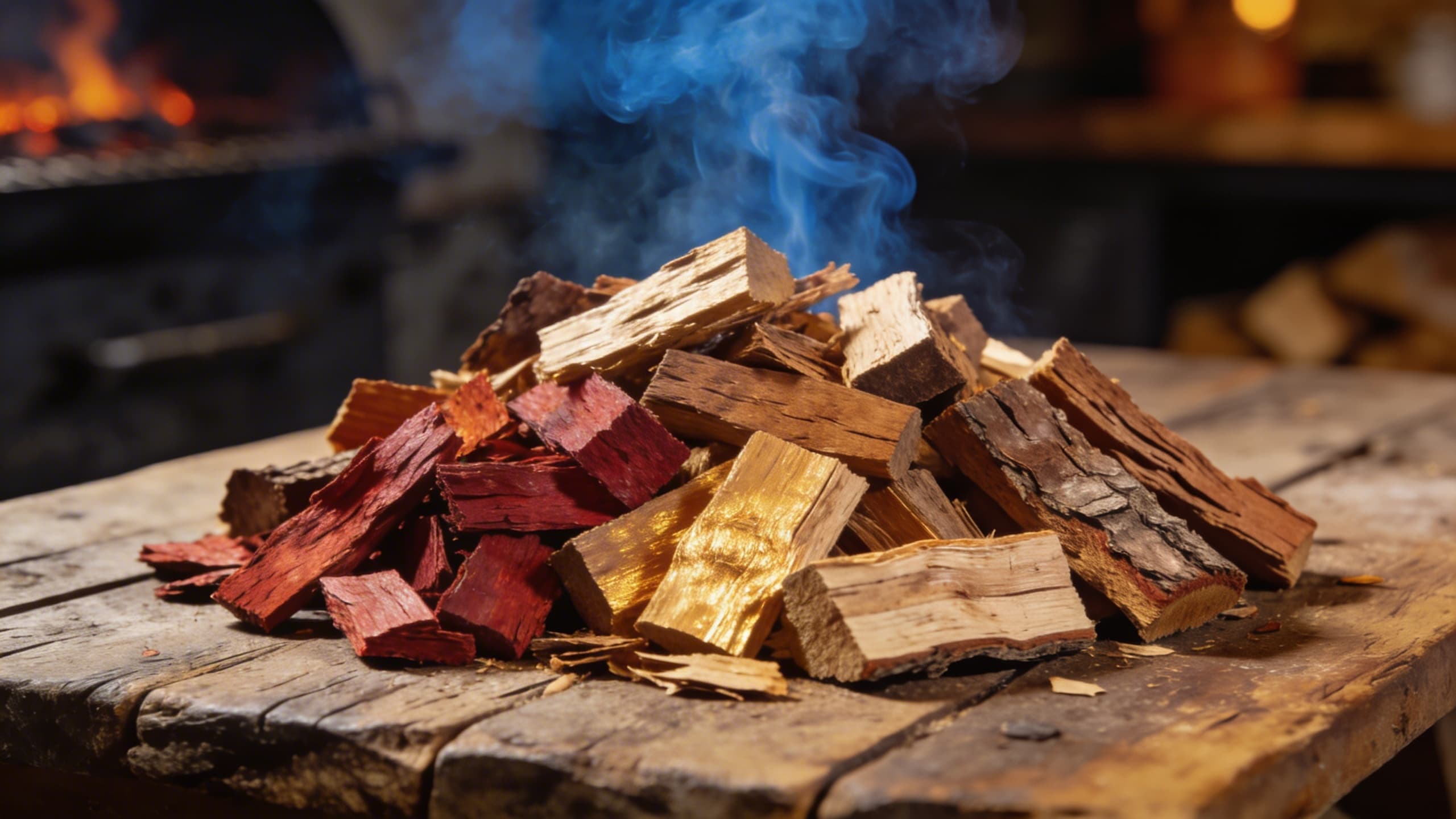A variety of wood chips and chunks—cherry, oak, and hickory—piled on a rustic wooden table with a wisp of blue smoke rising in the background.