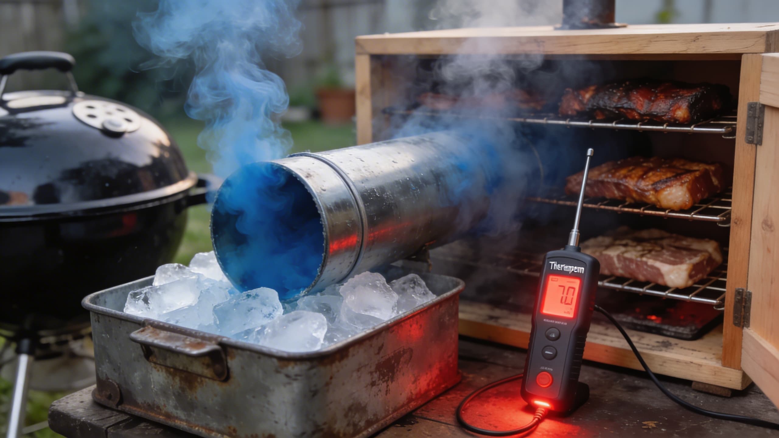 A close-up of a DIY cold-smoke setup with a smoker tube nestled in ice, blue smoke wisping from a backyard grill, wooden box chamber holding proteins on racks, Thermapen probe glowing red on a digital readout