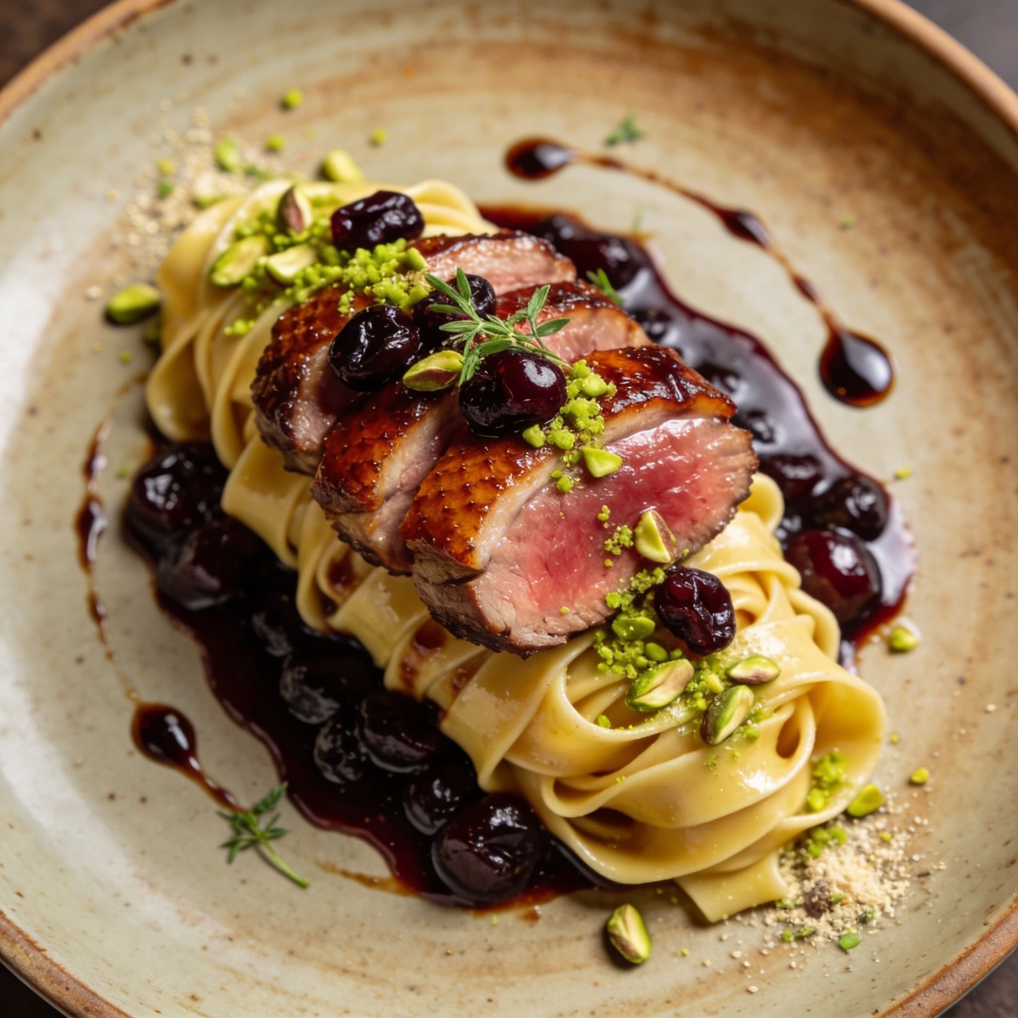 Tea-Smoked Duck Pappardelle with Cherry Agrodolce