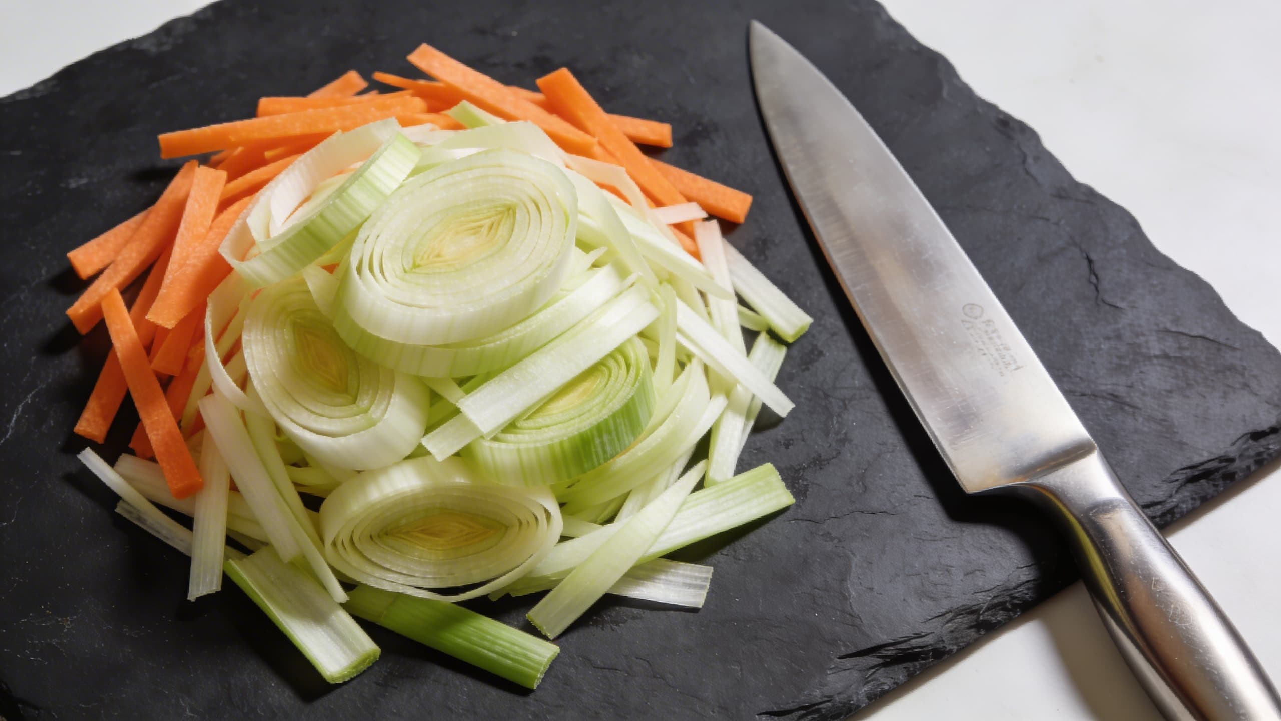 A perfectly julienned pile of leeks and carrots on a dark slate board, the cuts so precise they look like art, next to a polished chef knife.