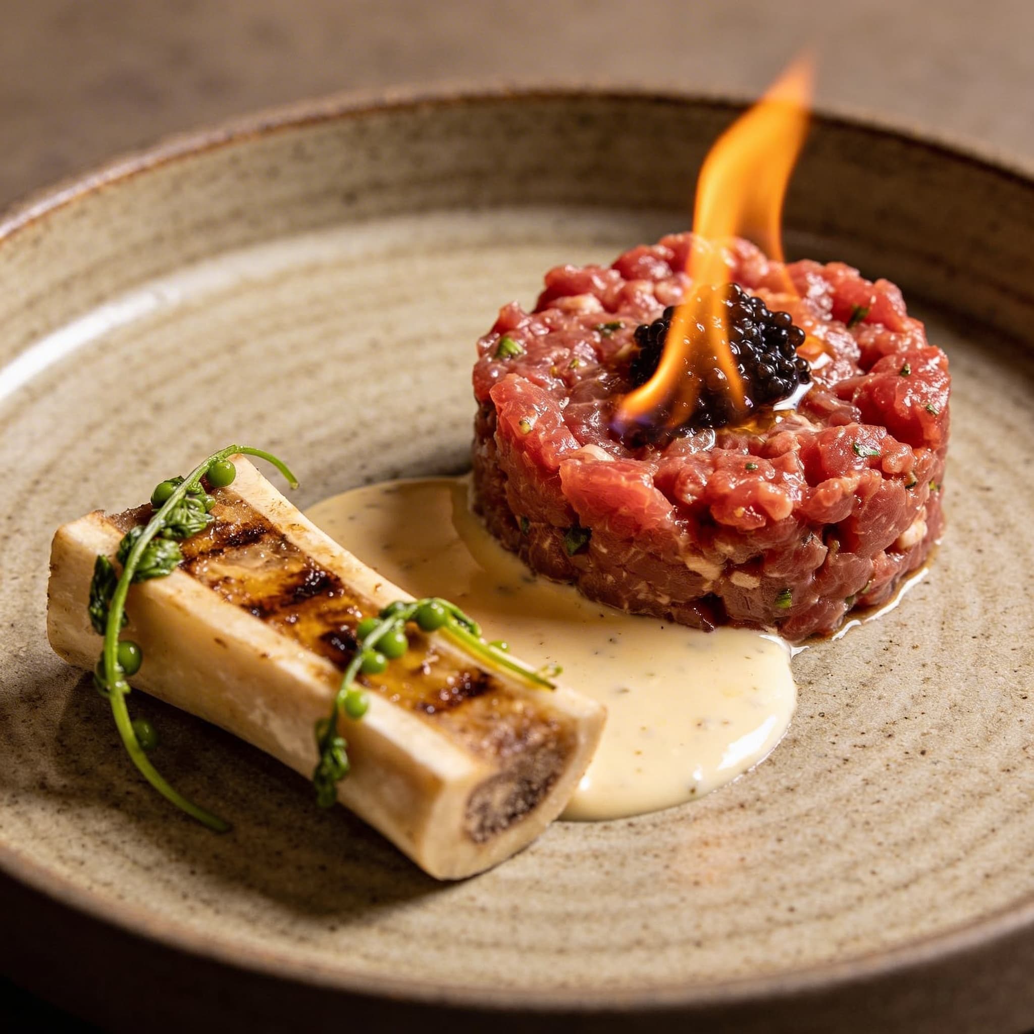 Torched Prime Beef Tartare with Smoked Bone Marrow Emulsion
