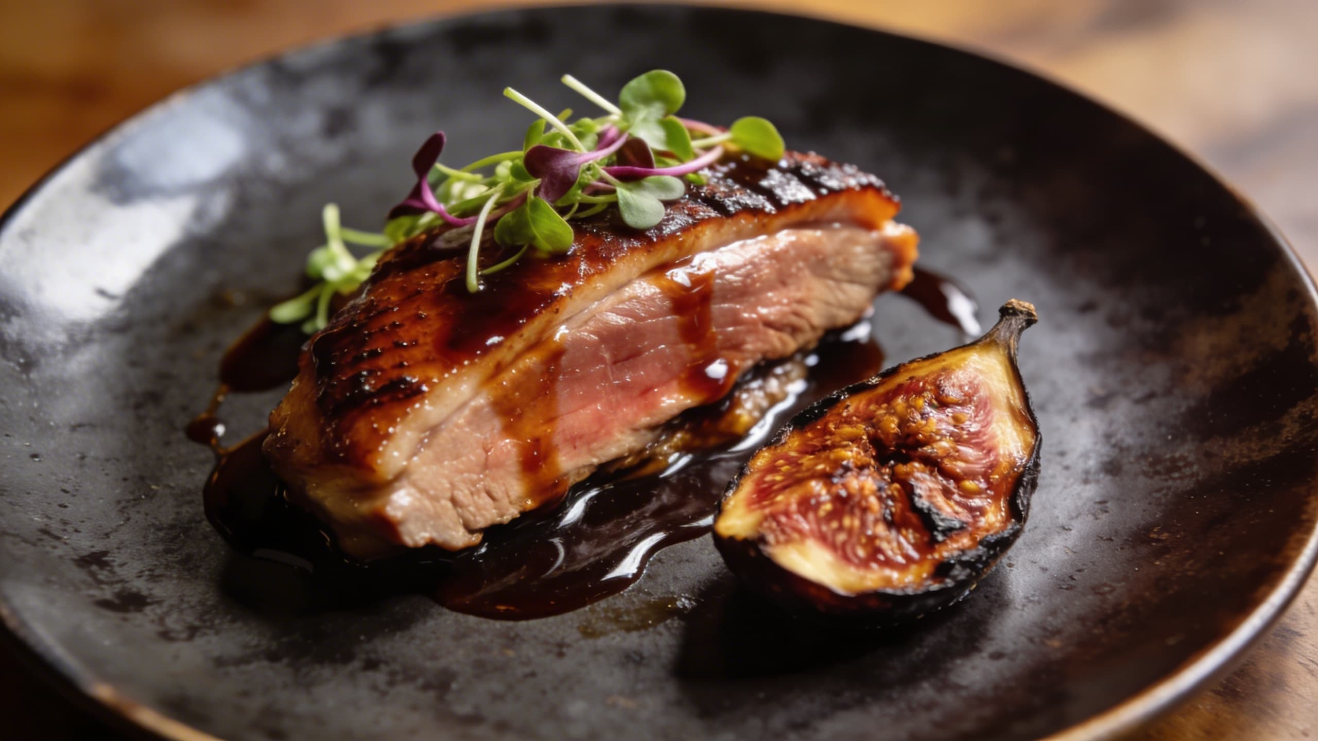 A perfectly plated smoked duck breast with a glossy balsamic gastrique, garnished with micro-greens and a single charred fig