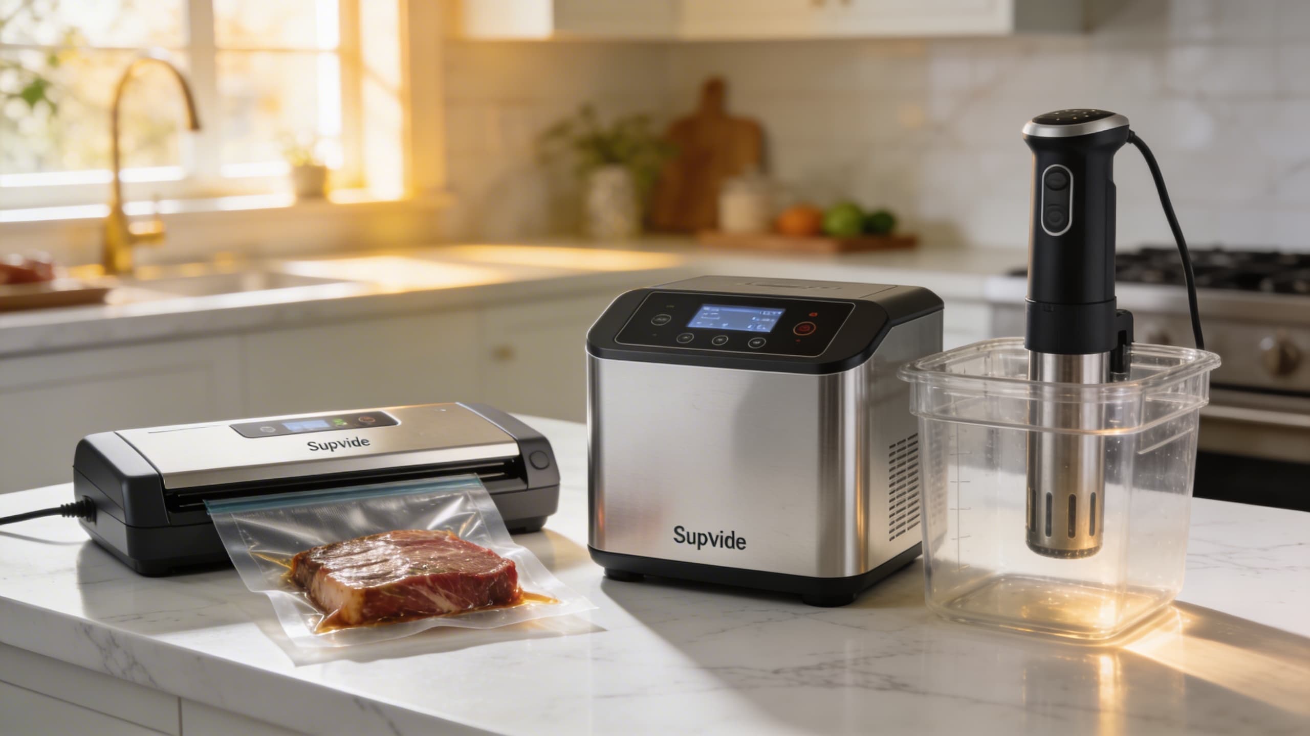 Image 1: A professional sous-vide and smoking setup featuring a high-end chamber vacuum sealer and a precision immersion circulator on a marble countertop.