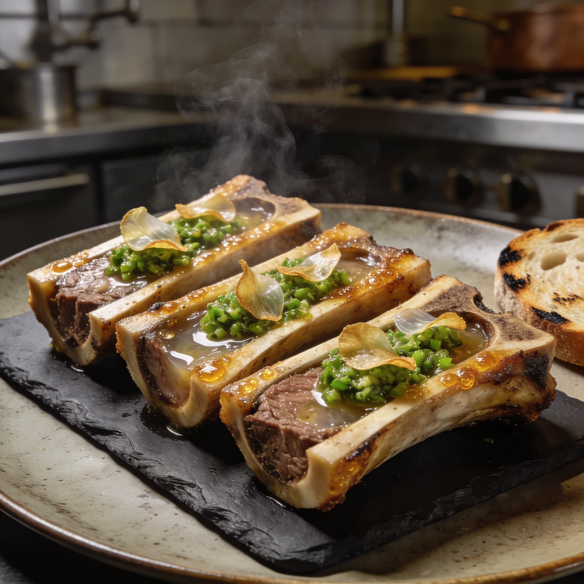 Smoked Bone Marrow with Salsa Verde & Crispy Garlic