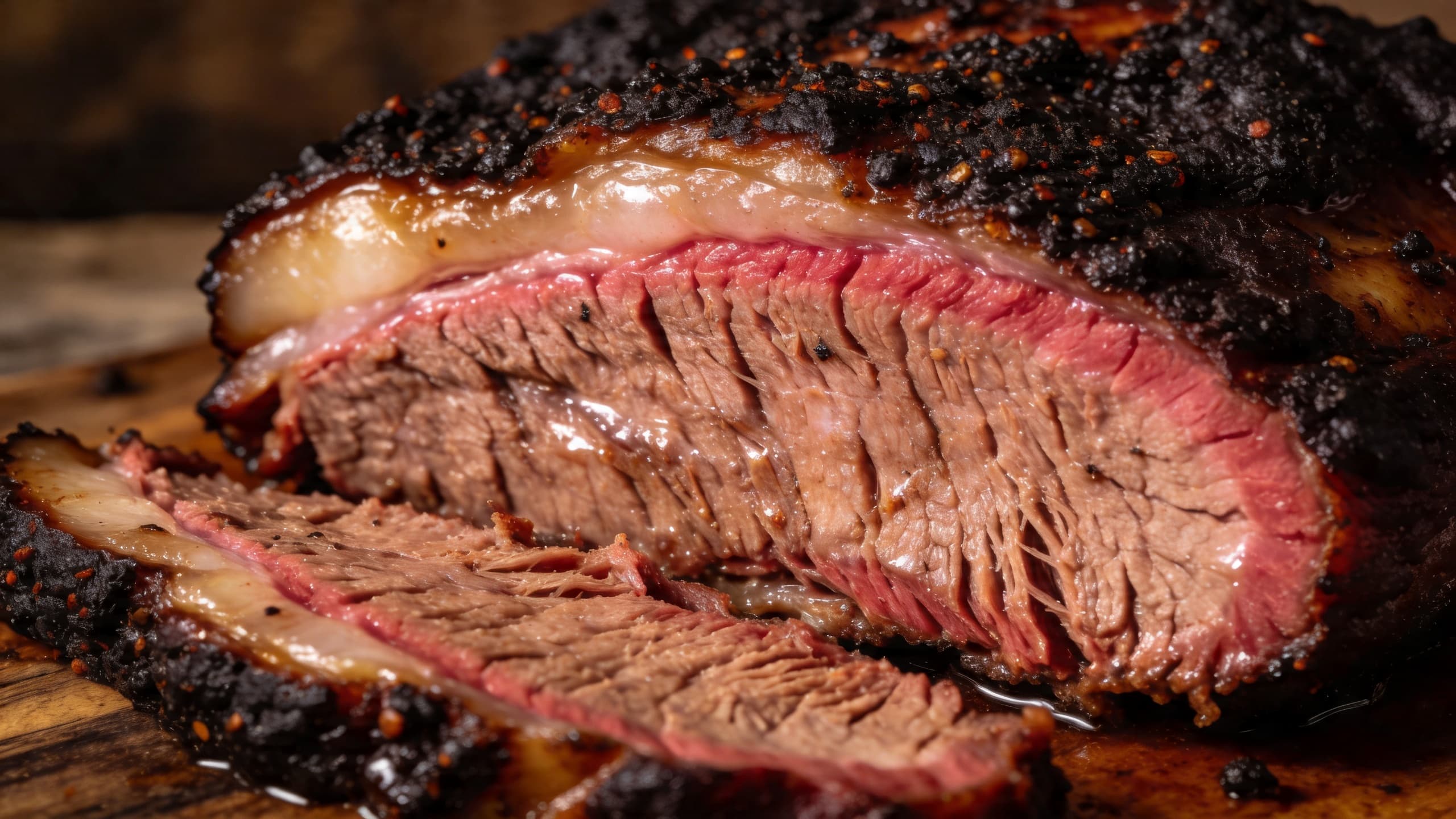 Image 1: A close-up of a perfectly rendered brisket slice showing a deep, 1/4-inch pink smoke ring against a dark, peppery bark.