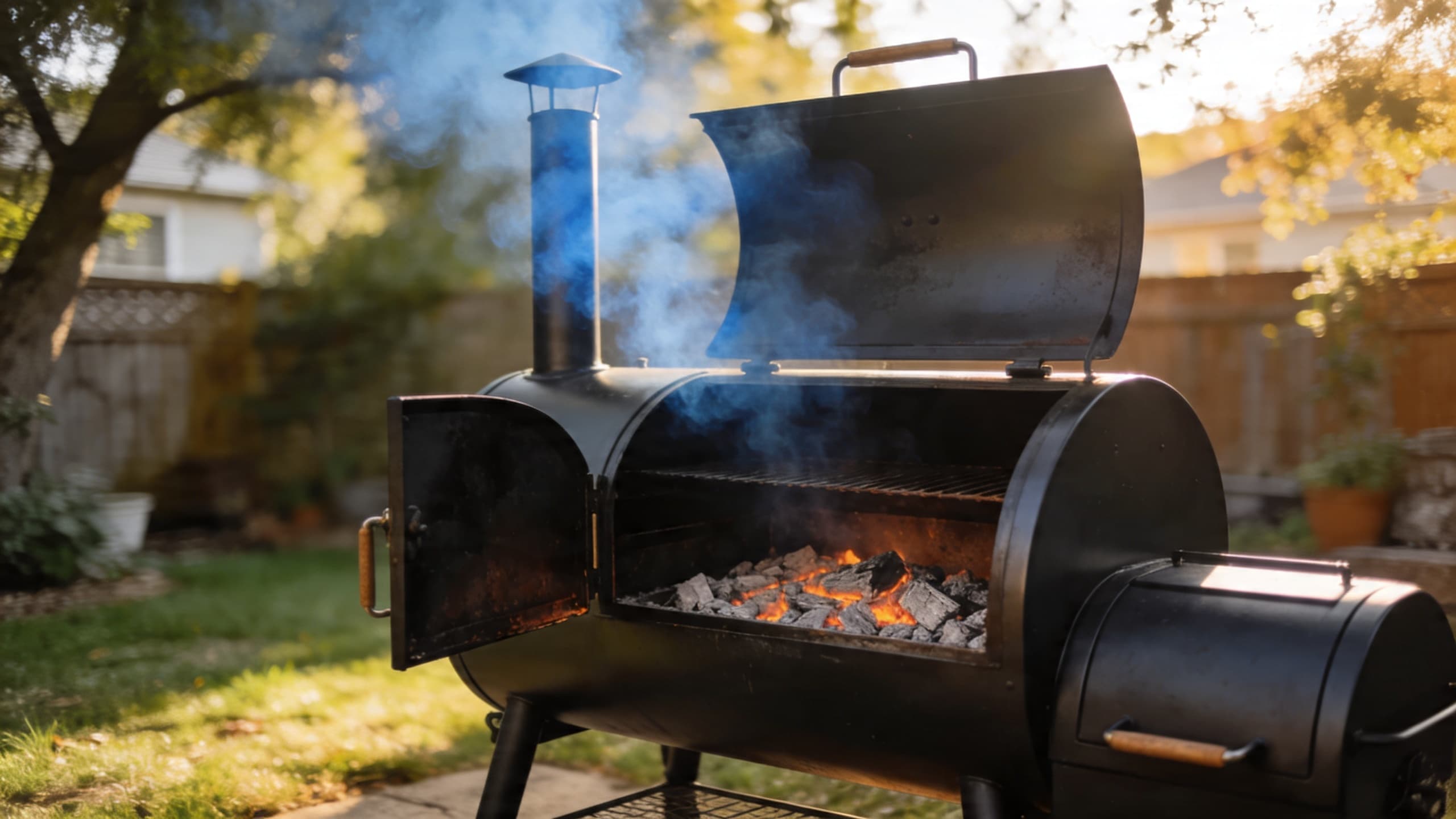 A clean, thin blue smoke rising from an offset smoker in a lush backyard setting