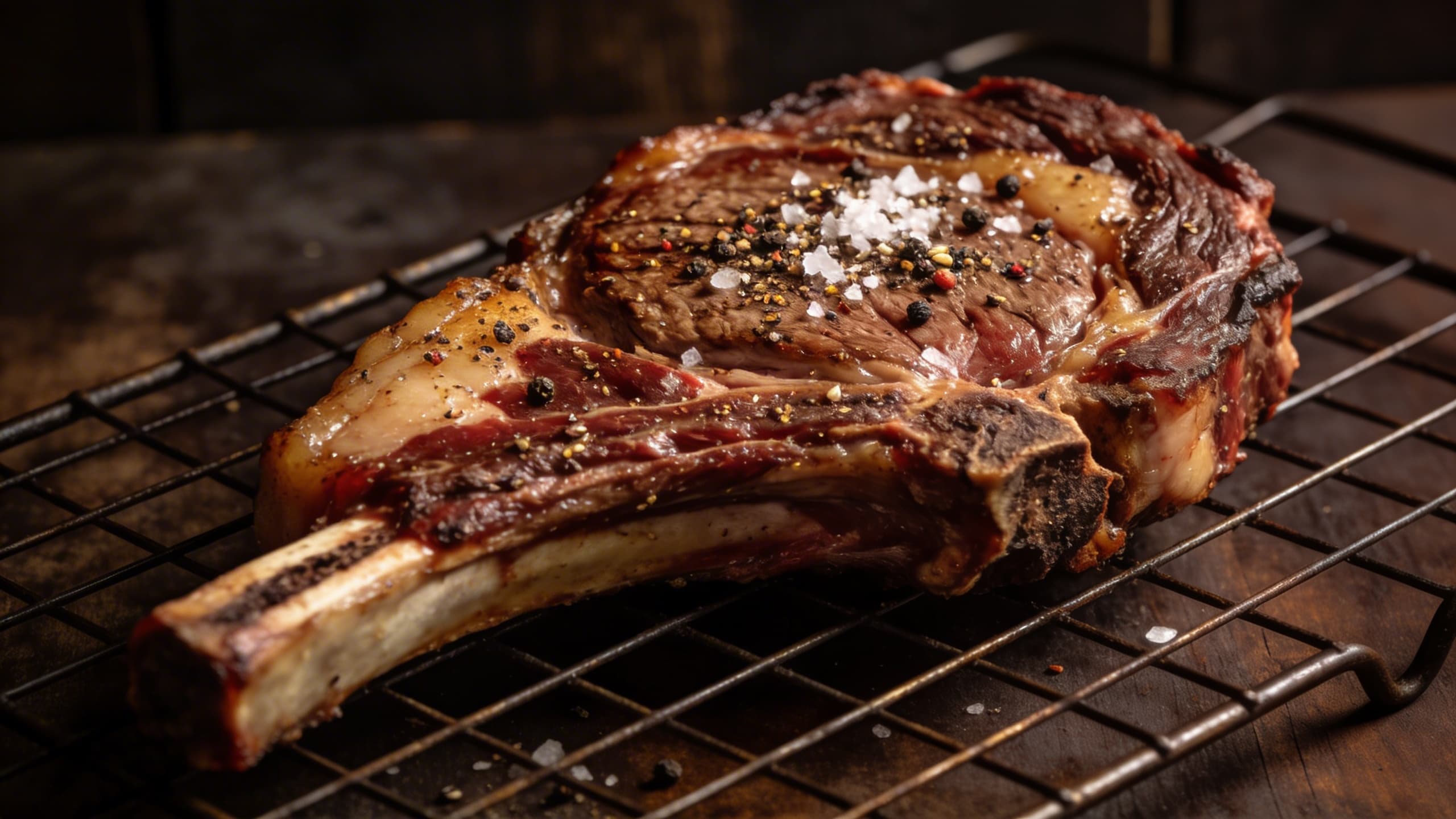 A thick, dry-aged ribeye resting on a wire rack, its surface looking matte and perfectly seasoned with coarse salt and cracked pepper.