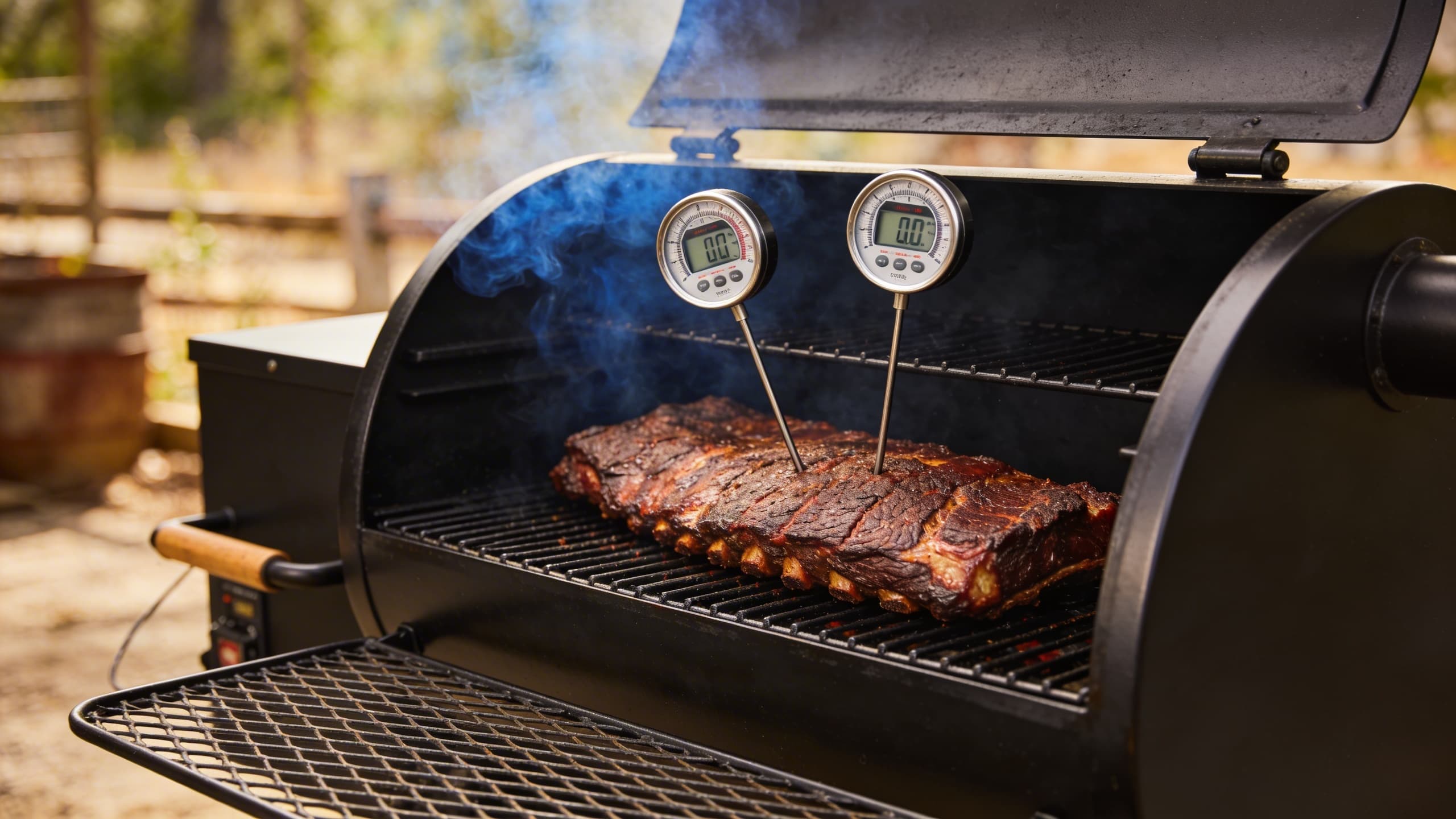 A professional offset smoker setup with dual-probe thermometers and a clean, flickering firebox.