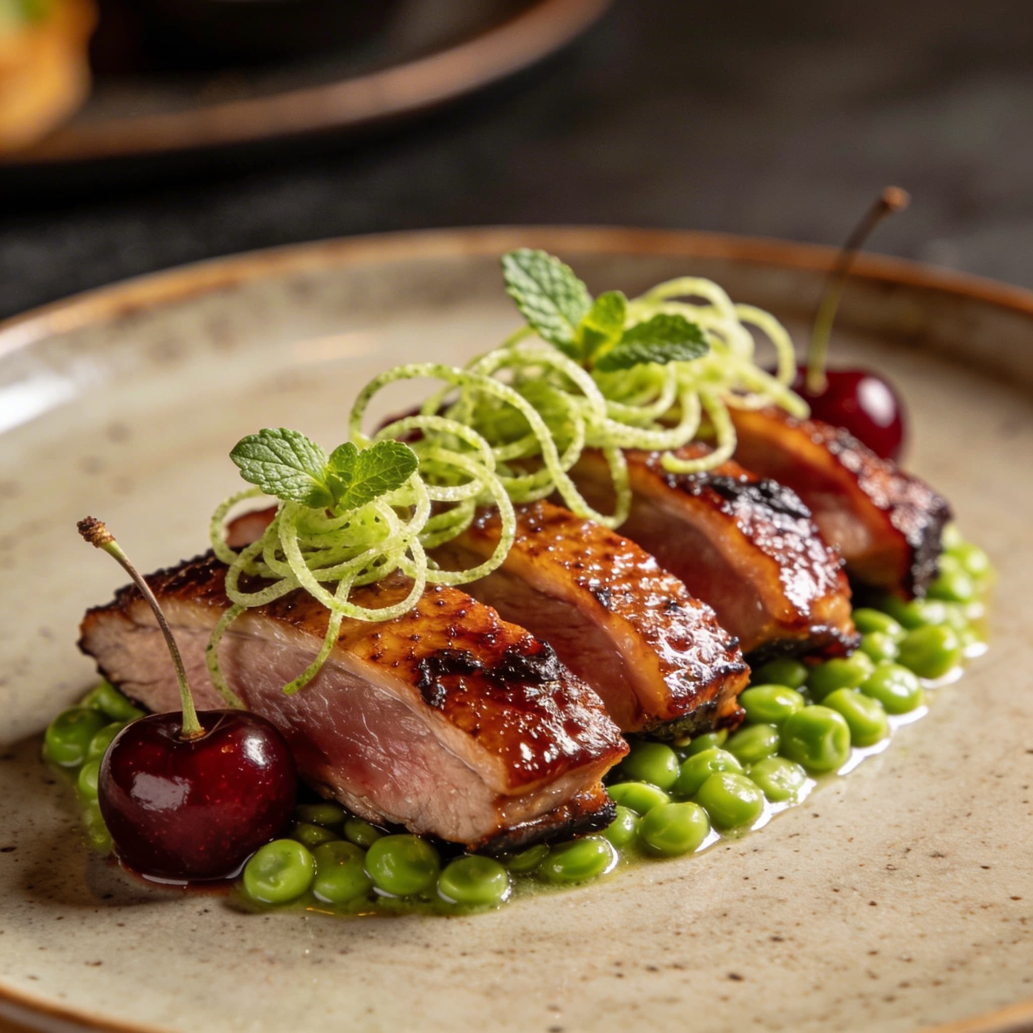 Cherry-Smoked Duck Magret with Minted Pea Silk