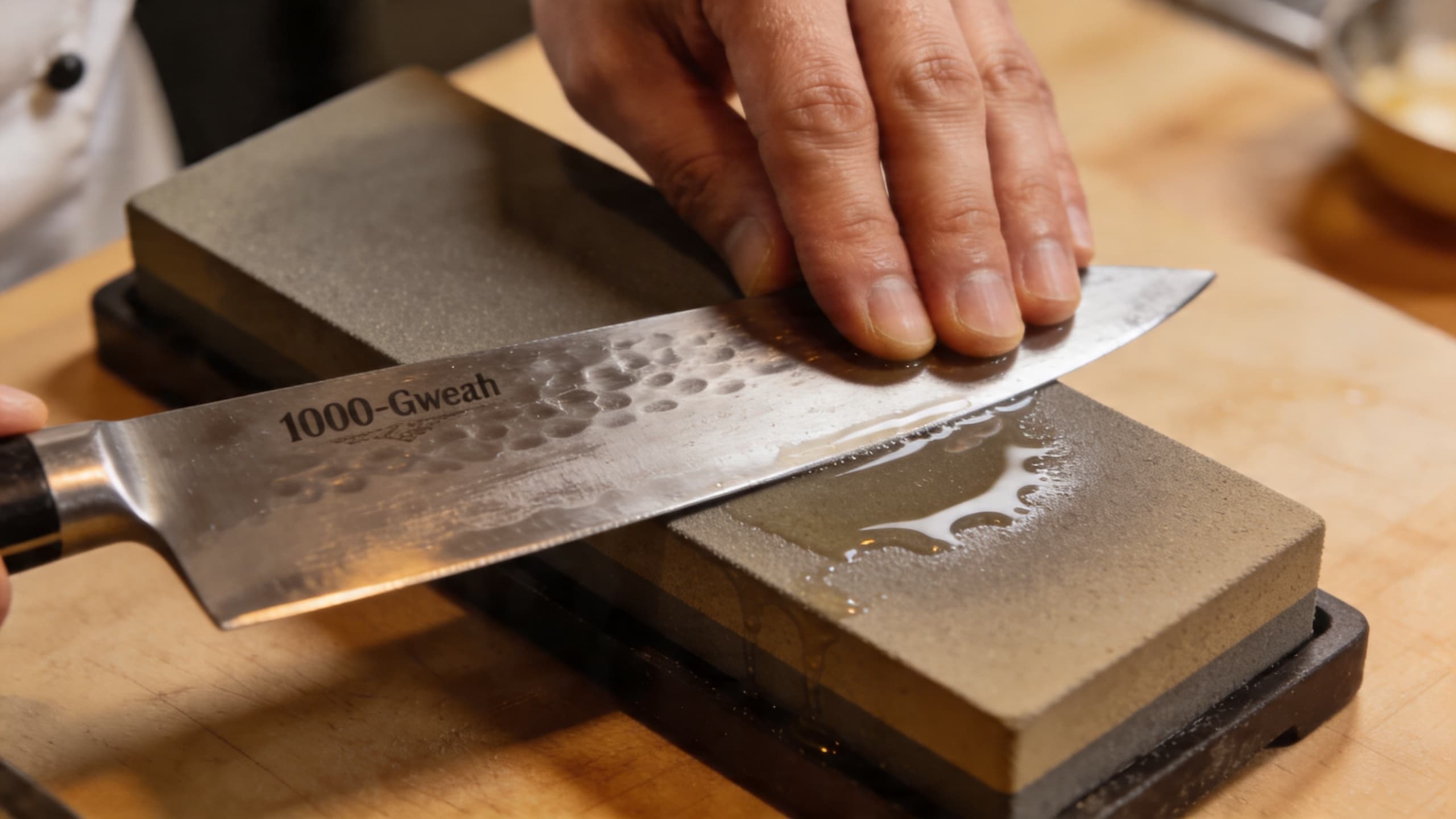Image 1: A close-up of a chef's hand guiding a high-carbon steel blade across a 1000-grit whetstone, with a visible slurry forming on the surface.