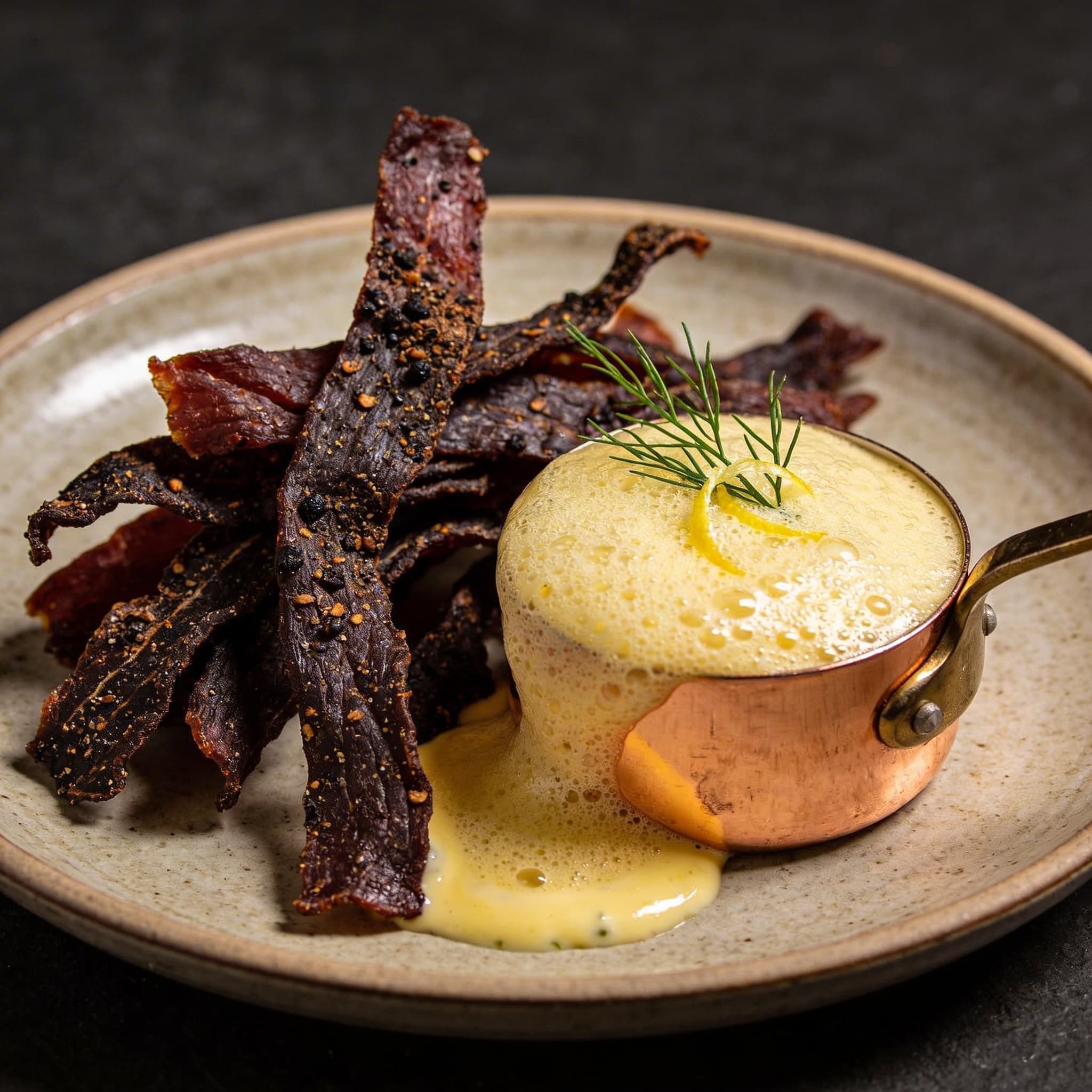 Oak-Smoked Wagyu Jerky with Aerated Tarragon Hollandaise