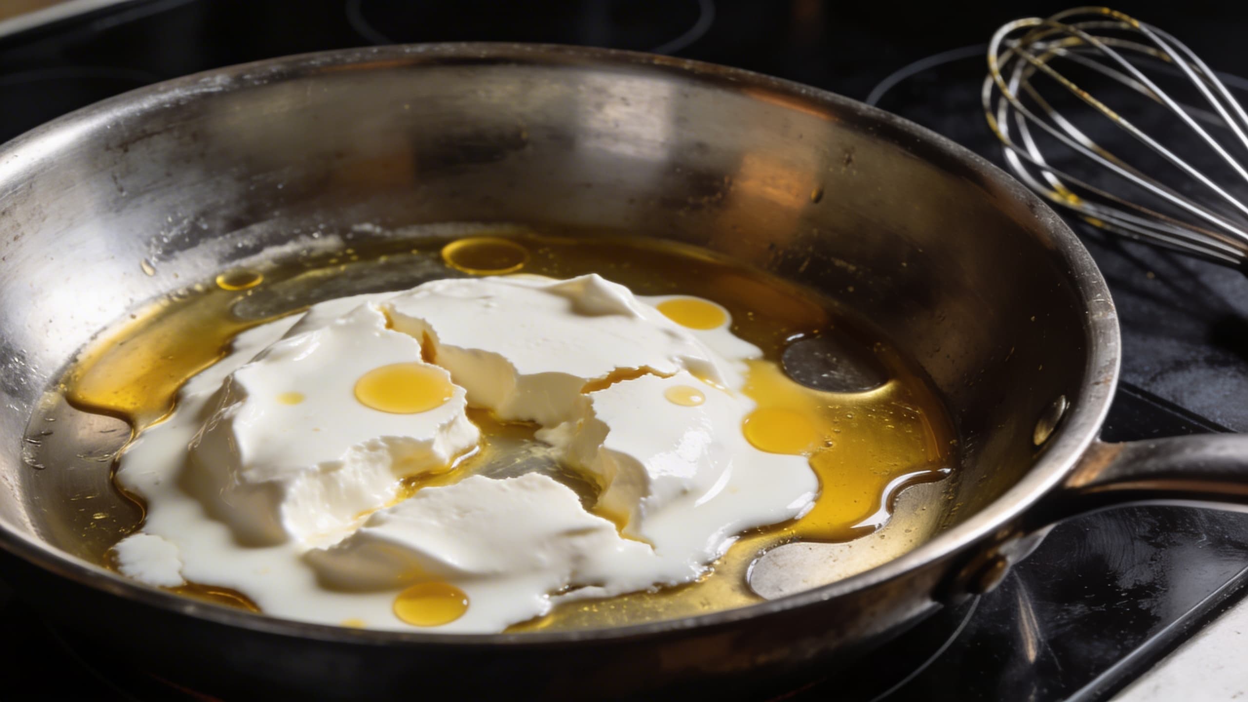 A culinary disaster: A split, curdled cream sauce separating into oily yellow pools on a dark stovetop.