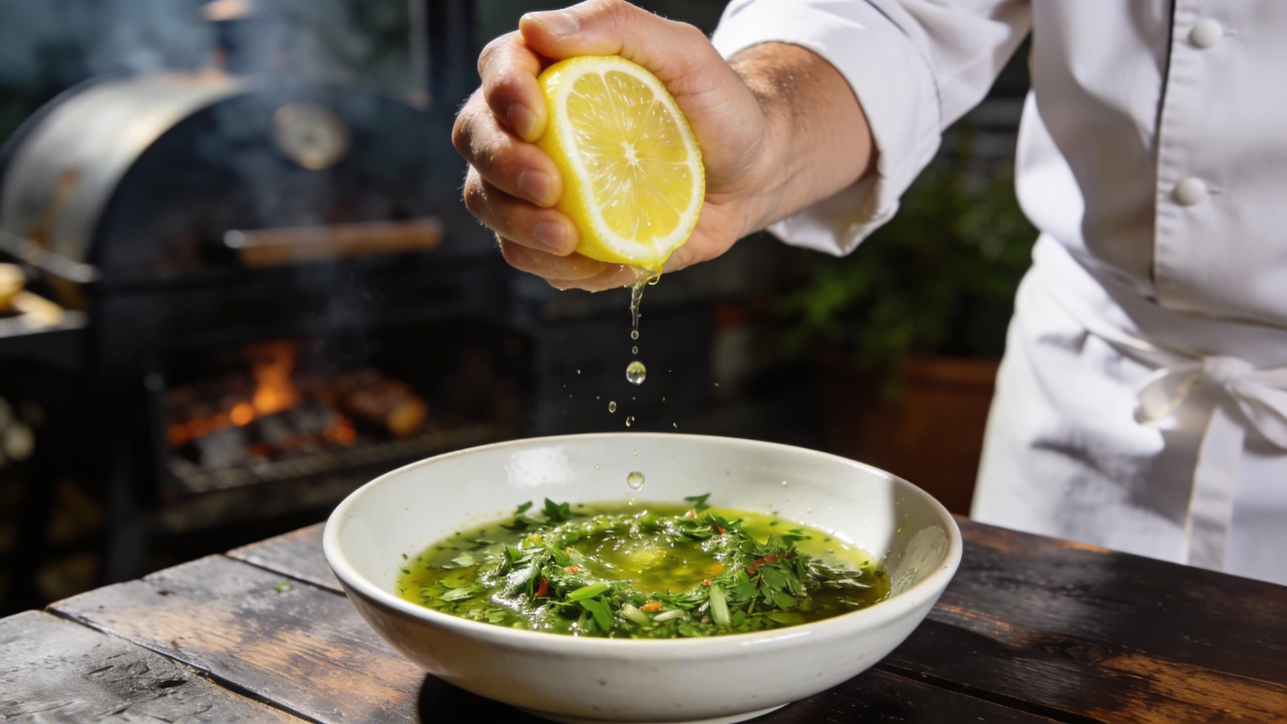 A chef finishing a vibrant green herb oil sauce with a squeeze of fresh lemon over a rustic wooden table