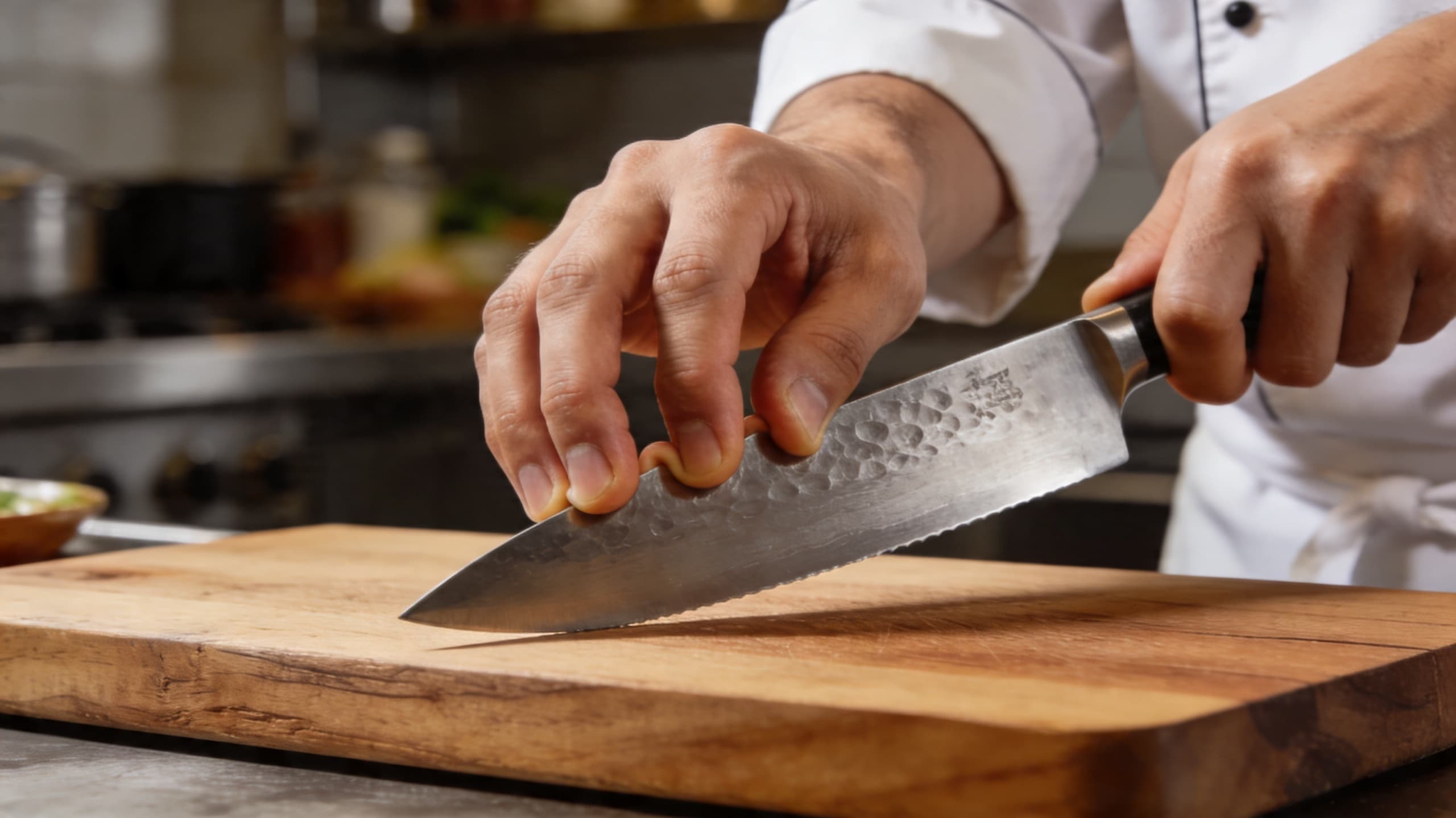 A professional chef demonstrating the correct 'pinch grip' on a high-carbon steel knife, with fingers curled into a 'claw' on a wooden board.