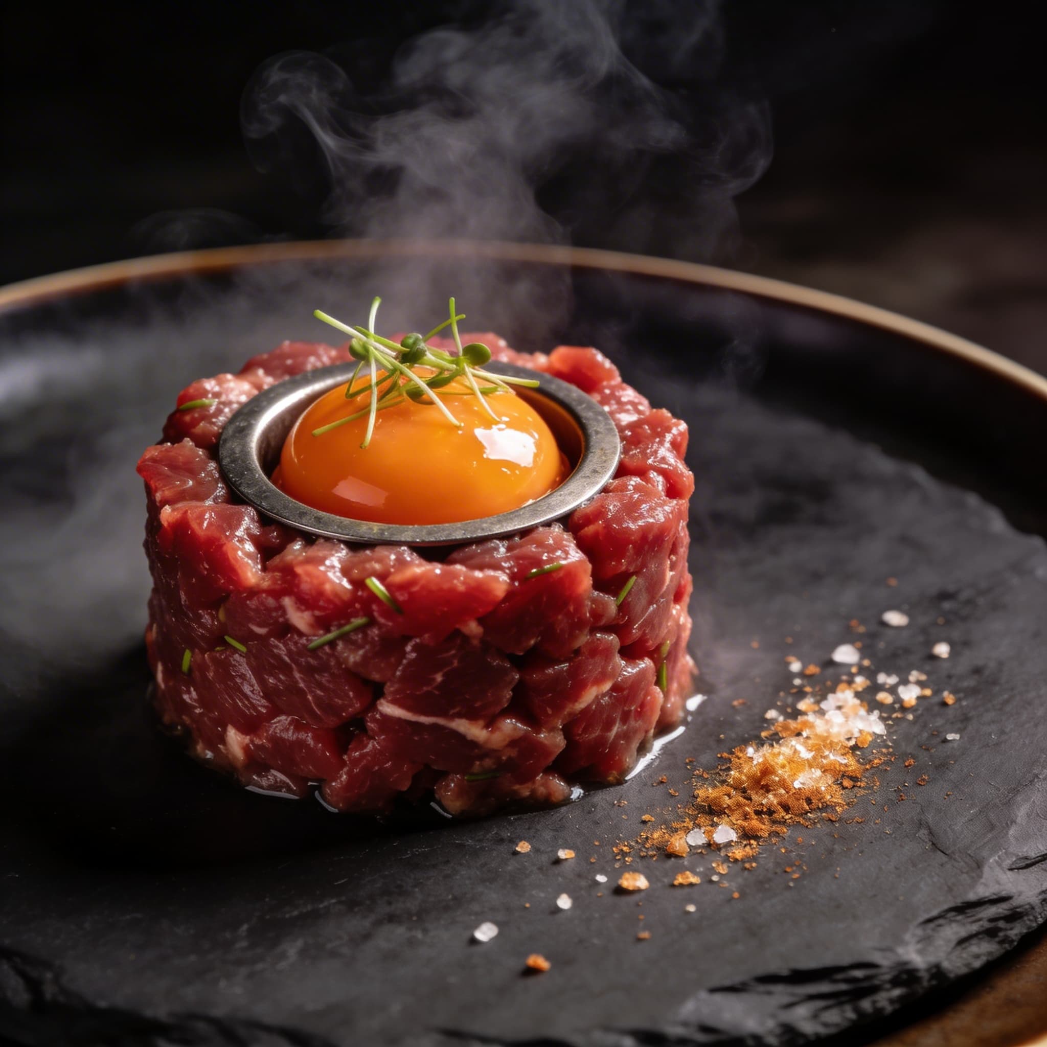 Cold-Smoked Beef Tartare with Cured Quail Yolk