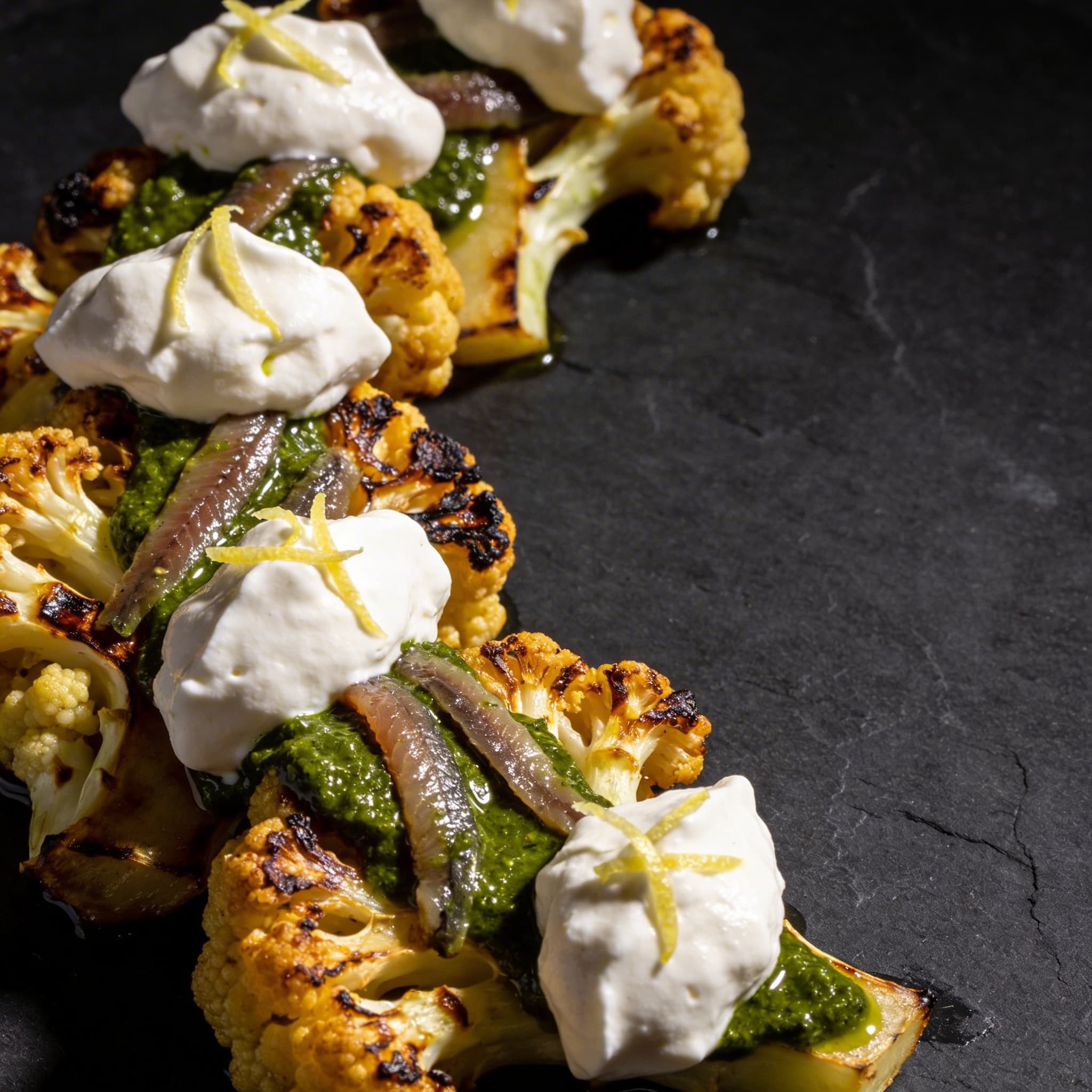 Charred Romanesco with Anchovy Salsa Verde & Whipped Stracciatella