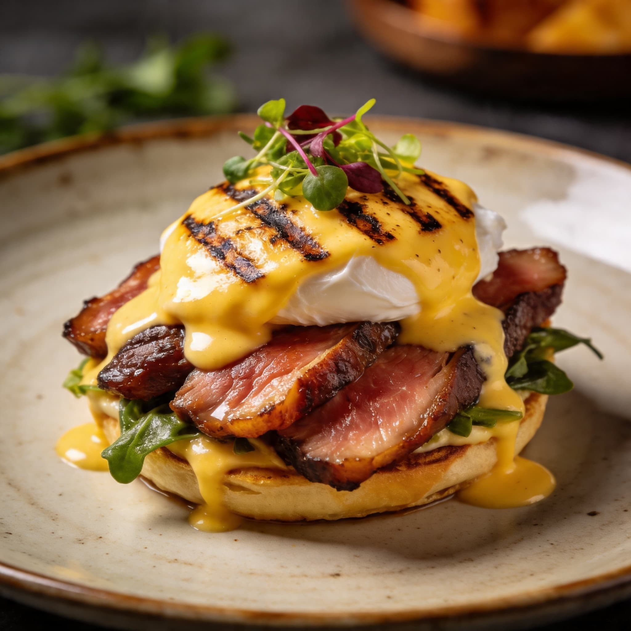 Smoked Duck Breast Benedict with Wood-Fired Hollandaise