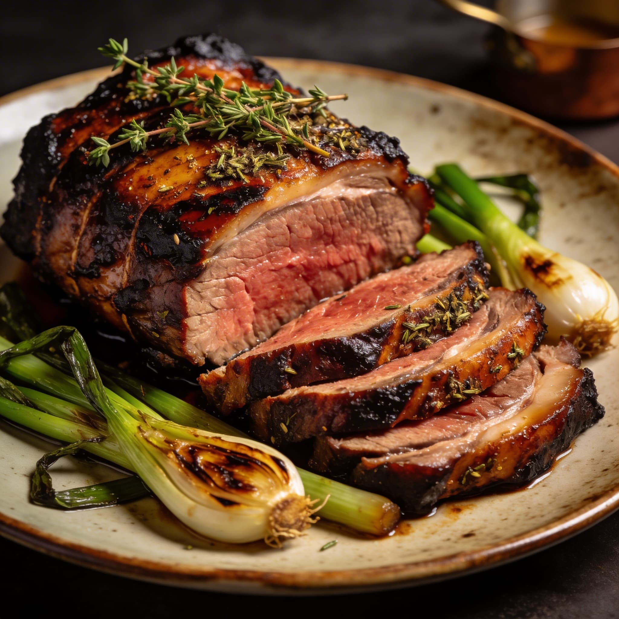 Thyme-Rubbed Smoked Rump Roast with Charred Spring Onions