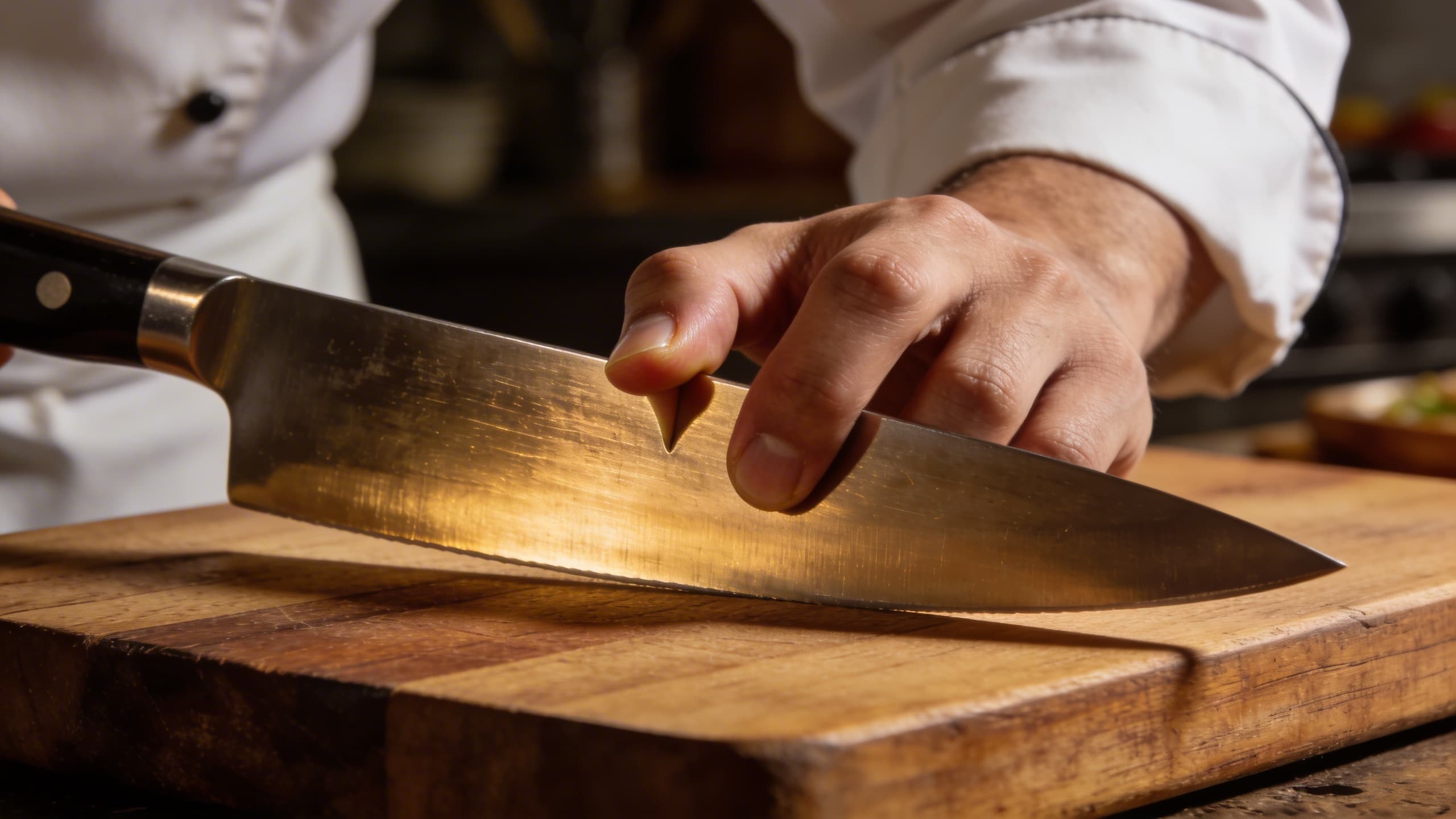 A professional chef's hand demonstrating the 'Pinch Grip' on a high-carbon steel chef's knife, showing the thumb and forefinger gripping the blade for maximum control.