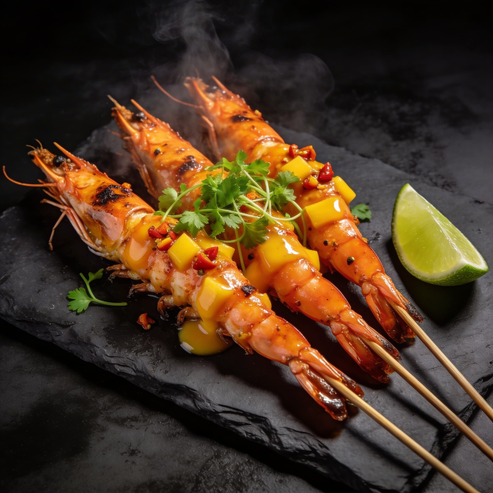 Solar-Flared Mango Habanero Shrimp Skewers