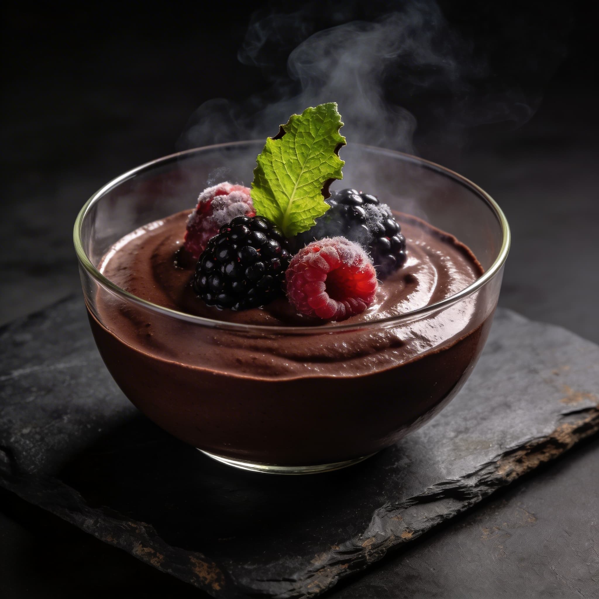 Ceremonial Cacao Mousse with Cold-Smoked Forest Berries