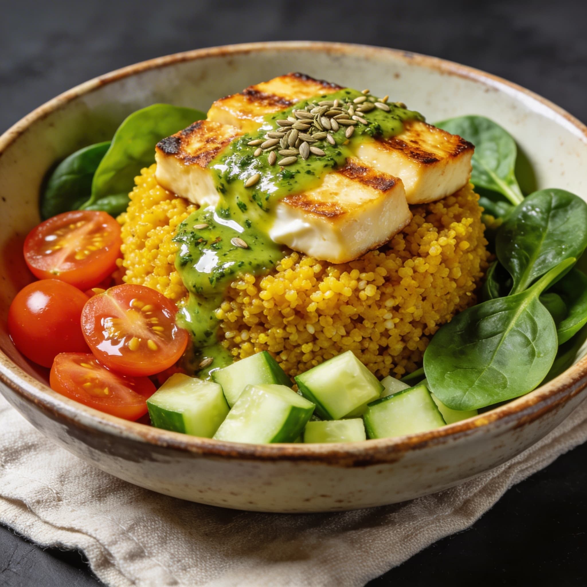 Golden Solar Quinoa & Seared Halloumi Bowl