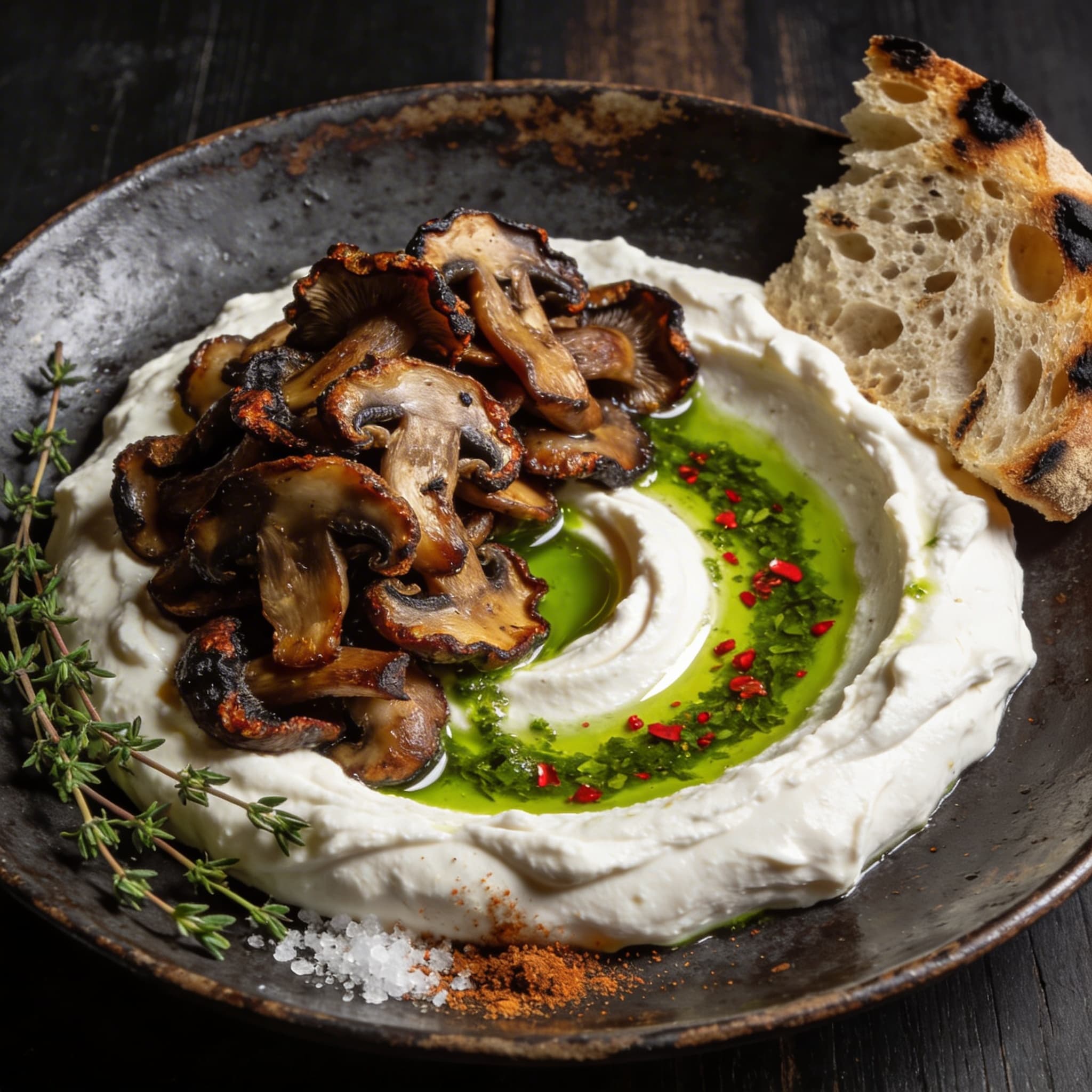 Cast Iron Smoked Mushrooms over Velvet Labneh